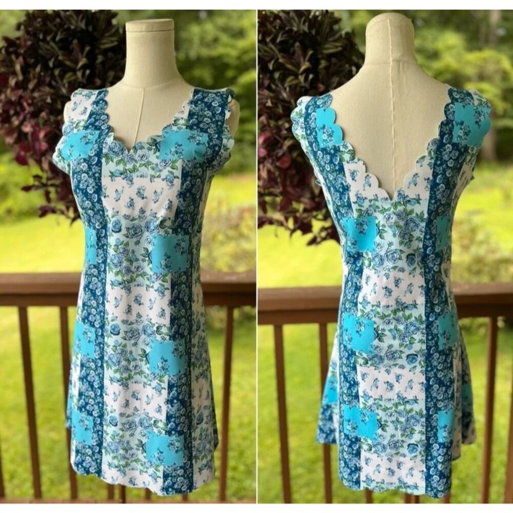 Simply Southern Blue Floral Patchwork Scalloped Dress Size Large
